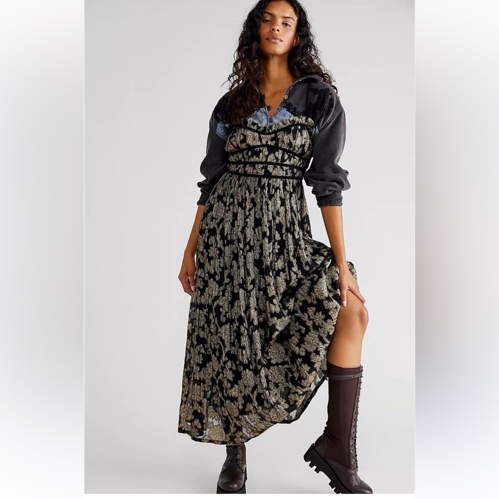 Free People Size S Charlie Bustier Maxi Dress Black Gold Metallic Whimsigoth